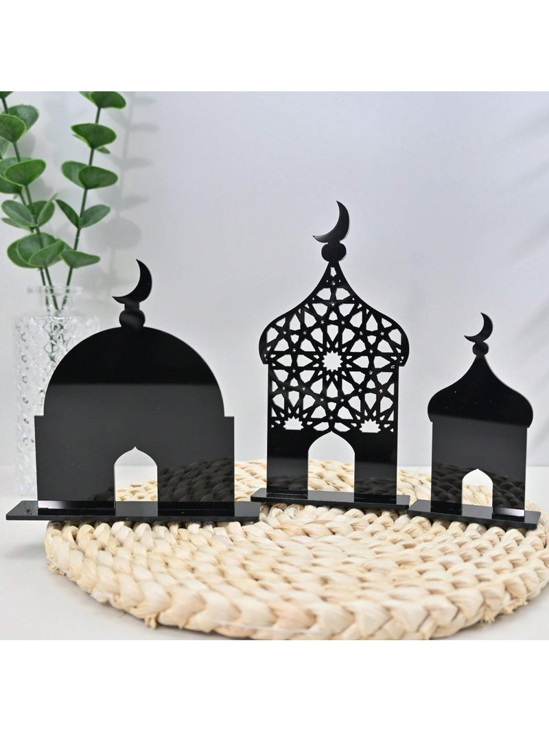 زينه رمضان زينة أكريليك من 3 قطع  بتصميم مسجد وهلال – ديكور طاولة إسلامي للمجالس والبيت - Image 1